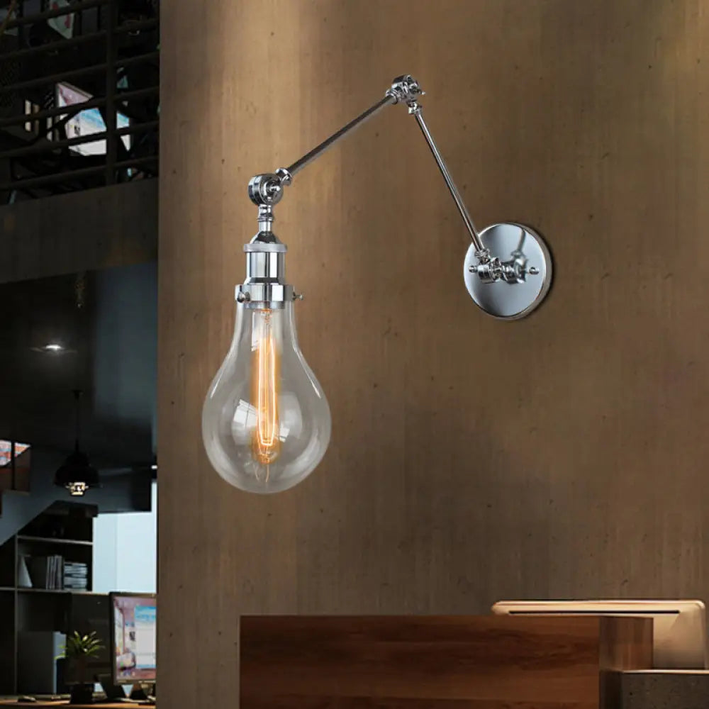 Clear Glass Wall Hanging Industrial Sconce Lamp in Chrome - Single Light Bulb Shade for Living Room