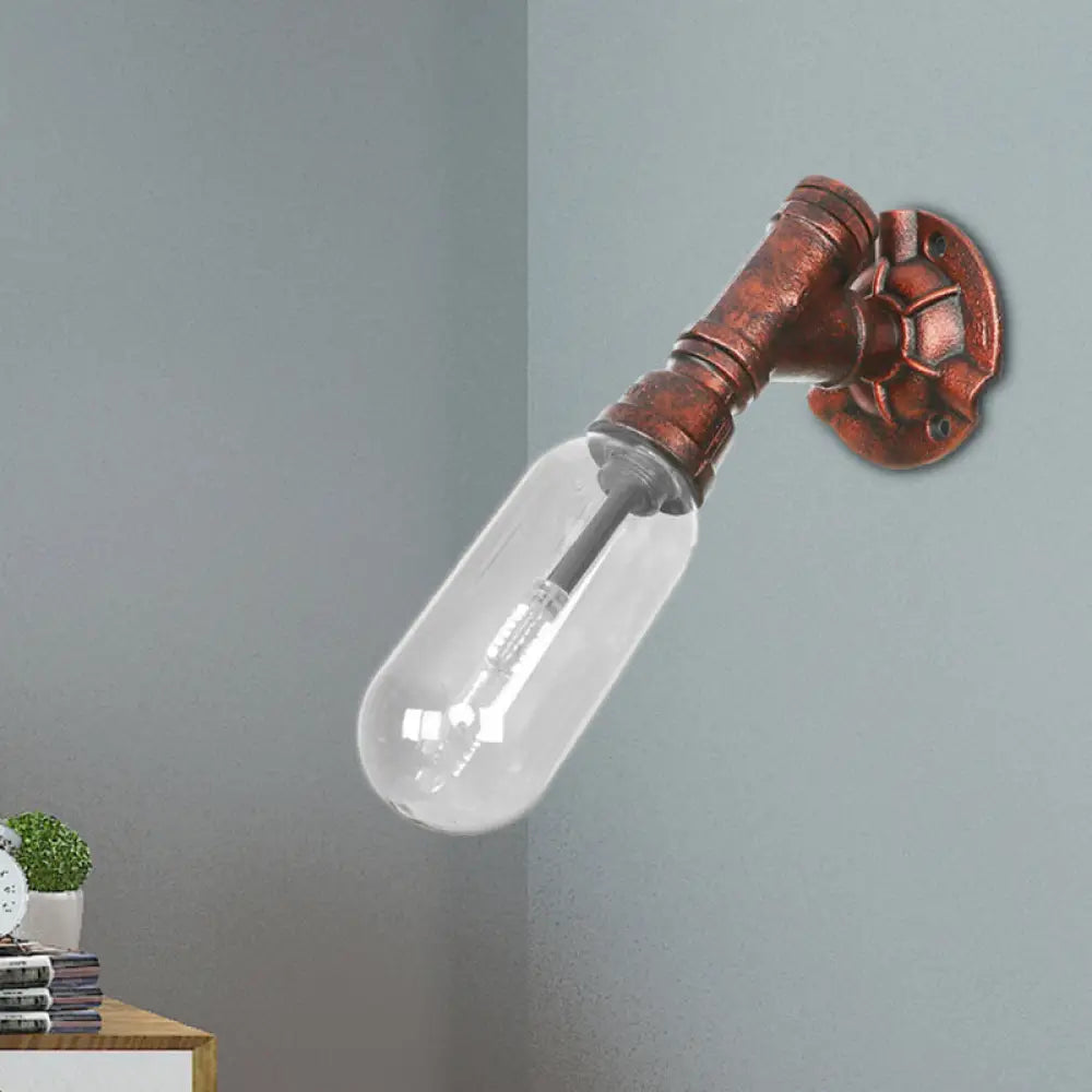 Clear Glass Wall Sconce in Weathered Copper with Pipe Design - Perfect for Loft Dining Rooms
