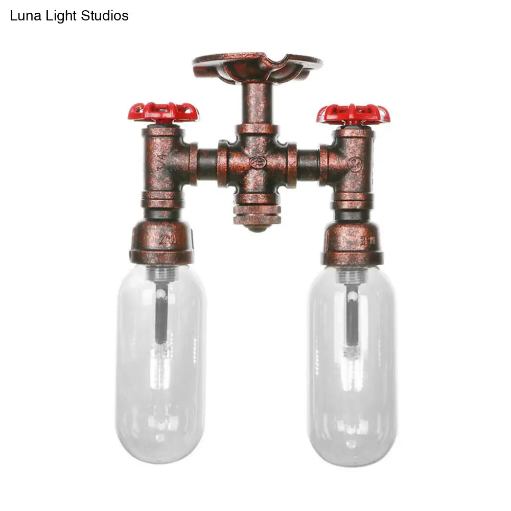 DecorBites™ Clear Glass Weathered Copper Ceiling Lighting - Industrial Semi Flush with Pipe Design - 2 Lights