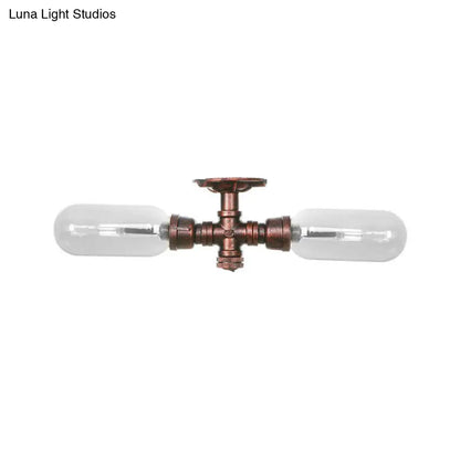 DecorBites™ Clear Glass Weathered Copper Ceiling Lighting - Industrial Semi Flush with Pipe Design - 2 Lights
