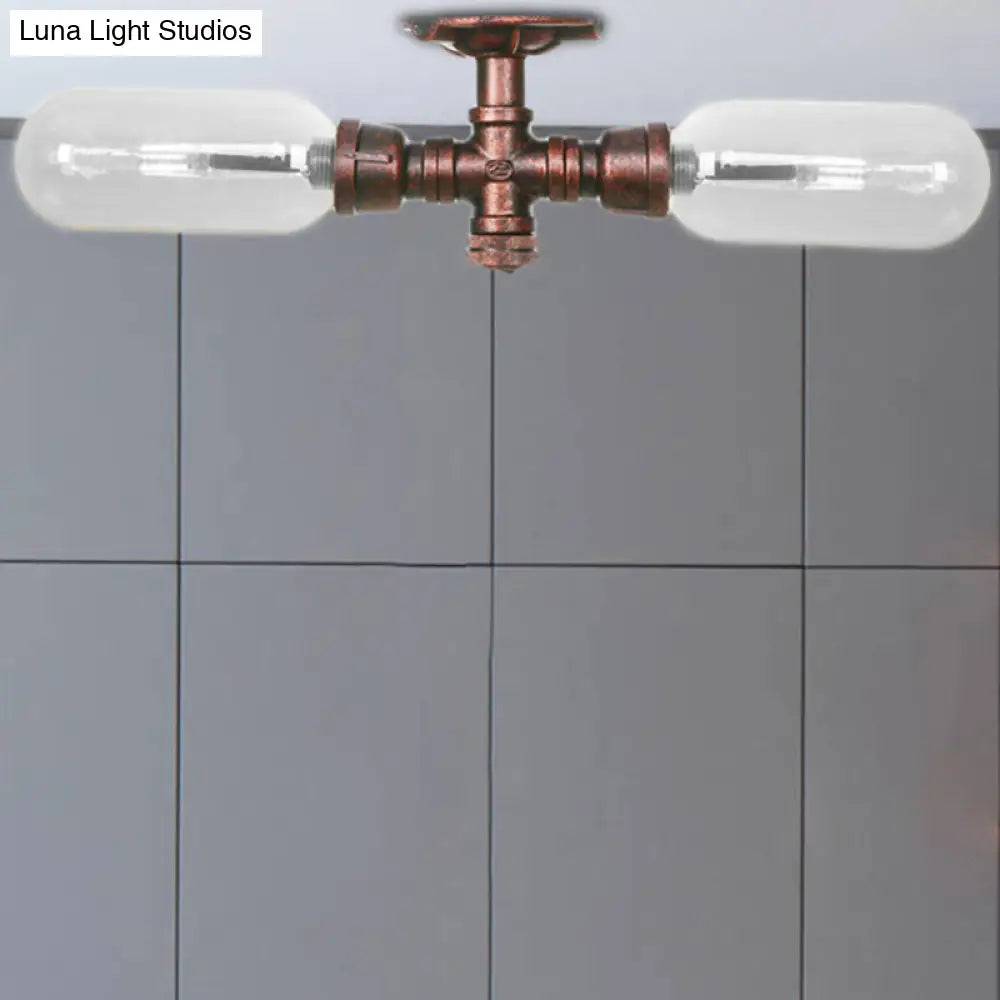 DecorBites™ Clear Glass Weathered Copper Ceiling Lighting - Industrial Semi Flush with Pipe Design - 2 Lights