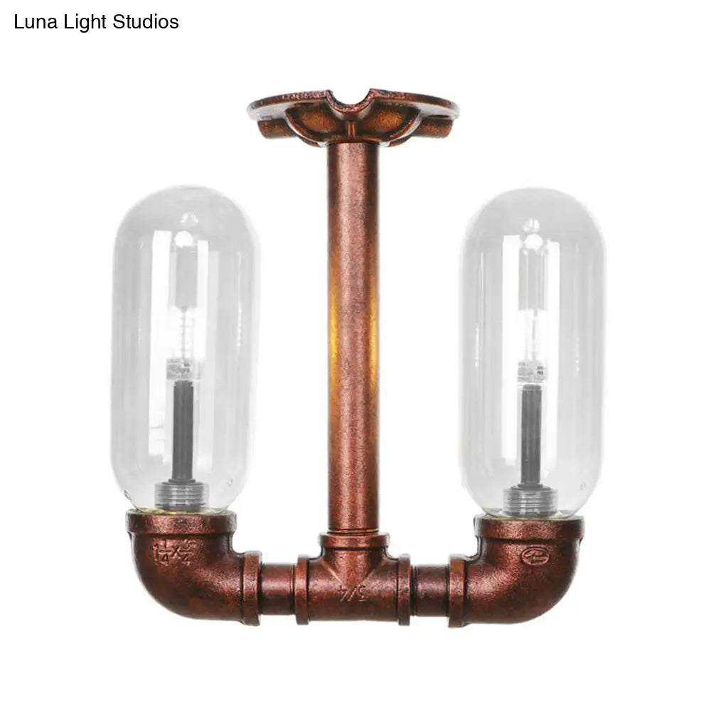 DecorBites™ Clear Glass Weathered Copper Ceiling Lighting - Industrial Semi Flush with Pipe Design - 2 Lights