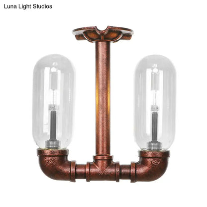 DecorBites™ Clear Glass Weathered Copper Ceiling Lighting - Industrial Semi Flush with Pipe Design - 2 Lights