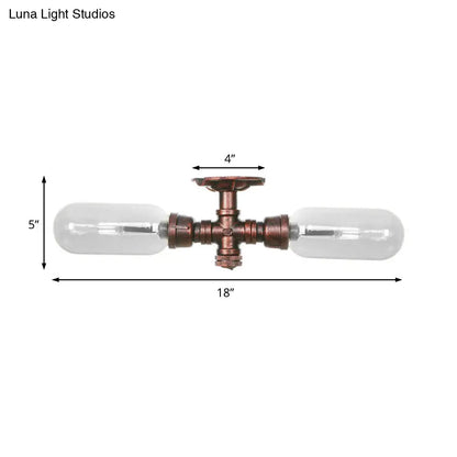 DecorBites™ Clear Glass Weathered Copper Ceiling Lighting - Industrial Semi Flush with Pipe Design - 2 Lights