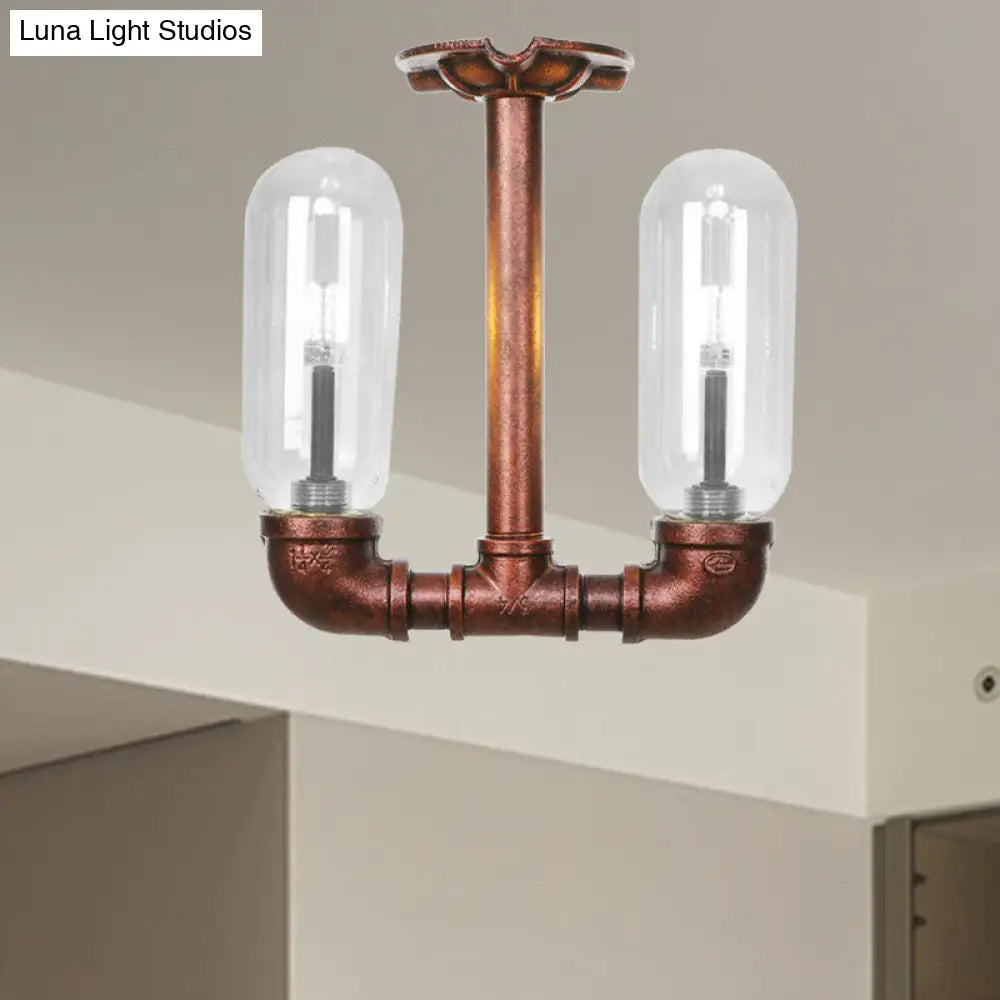 DecorBites™ Clear Glass Weathered Copper Ceiling Lighting - Industrial Semi Flush with Pipe Design - 2 Lights