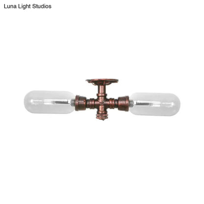 DecorBites™ Clear Glass Weathered Copper Ceiling Lighting - Industrial Semi Flush with Pipe Design - 2 Lights