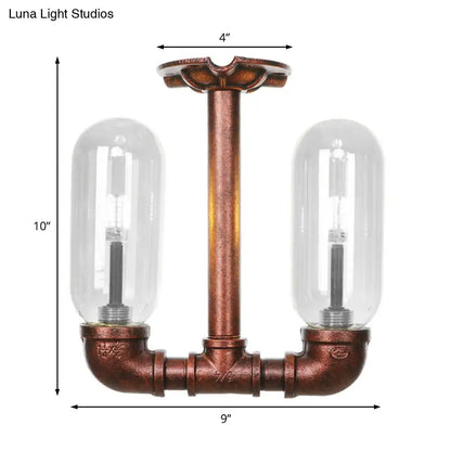 DecorBites™ Clear Glass Weathered Copper Ceiling Lighting - Industrial Semi Flush with Pipe Design - 2 Lights