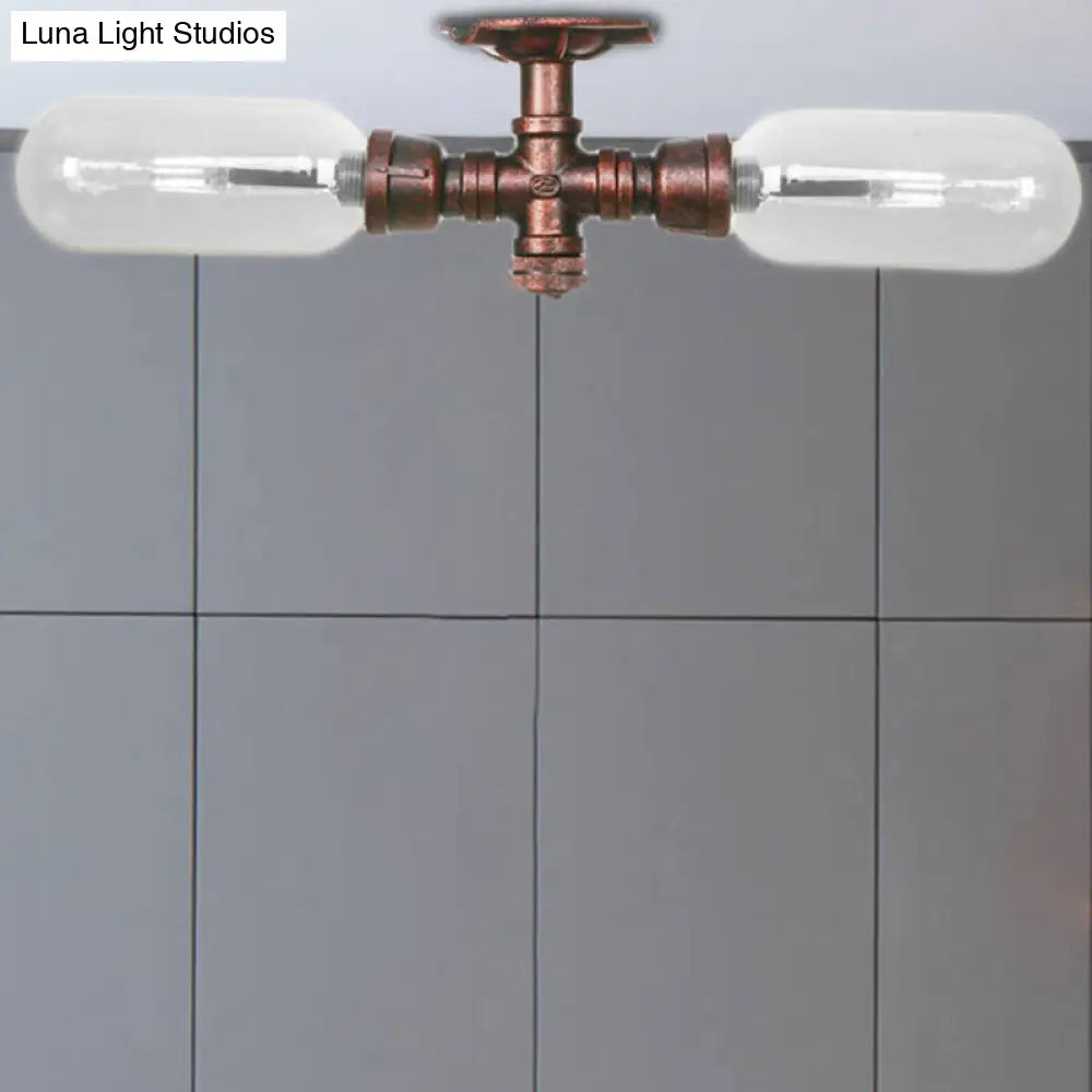 DecorBites™ Clear Glass Weathered Copper Ceiling Lighting - Industrial Semi Flush with Pipe Design - 2 Lights