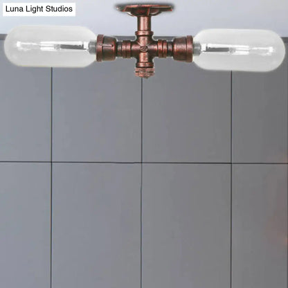 DecorBites™ Clear Glass Weathered Copper Ceiling Lighting - Industrial Semi Flush with Pipe Design - 2 Lights