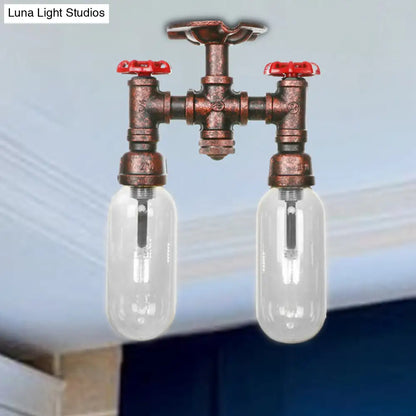 DecorBites™ Clear Glass Weathered Copper Ceiling Lighting - Industrial Semi Flush with Pipe Design - 2 Lights