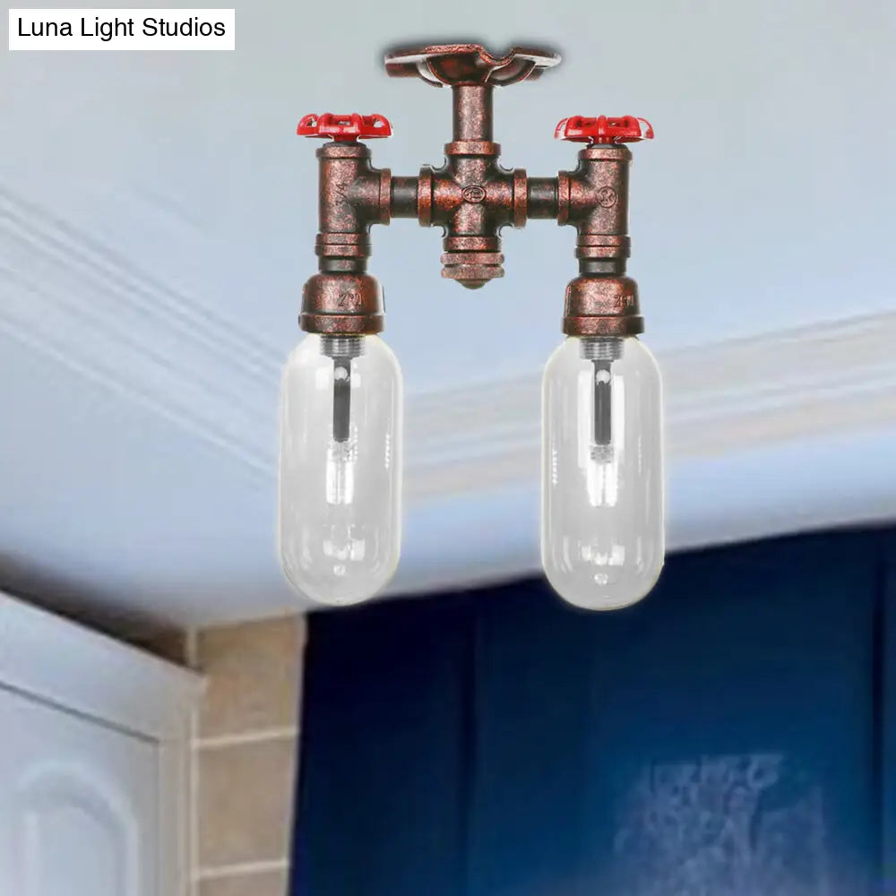 DecorBites™ Clear Glass Weathered Copper Ceiling Lighting - Industrial Semi Flush with Pipe Design - 2 Lights