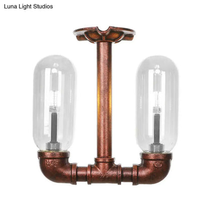 DecorBites™ Clear Glass Weathered Copper Ceiling Lighting - Industrial Semi Flush with Pipe Design - 2 Lights
