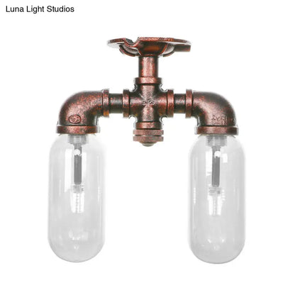 DecorBites™ Clear Glass Weathered Copper Ceiling Lighting - Industrial Semi Flush with Pipe Design - 2 Lights