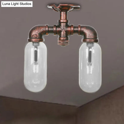 DecorBites™ Clear Glass Weathered Copper Ceiling Lighting - Industrial Semi Flush with Pipe Design - 2 Lights