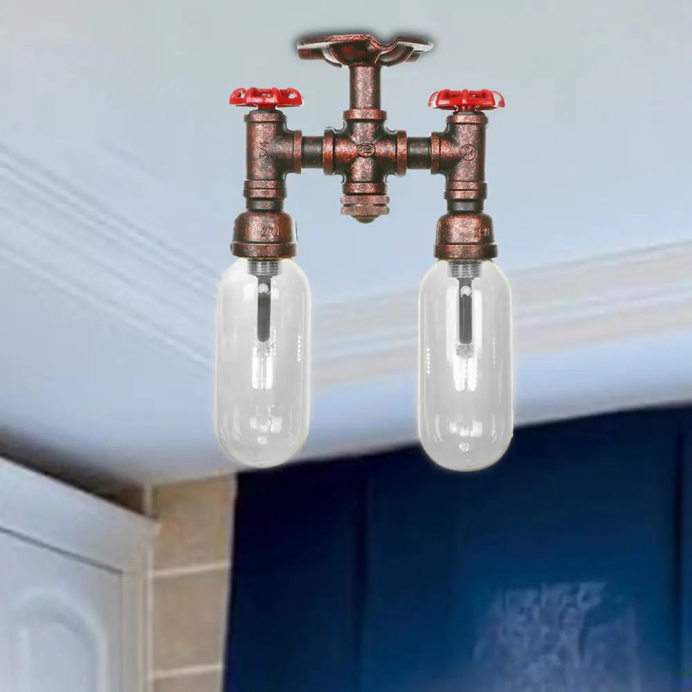 DecorBites™ Clear Glass Weathered Copper Ceiling Lighting - Industrial Semi Flush with Pipe Design - 2 Lights