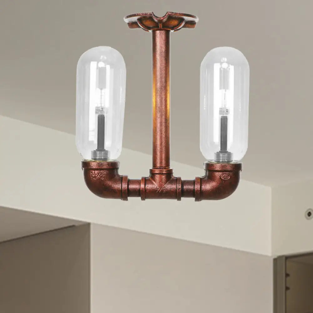 DecorBites™ Clear Glass Weathered Copper Ceiling Lighting - Industrial Semi Flush with Pipe Design - 2 Lights