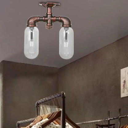 DecorBites™ Clear Glass Weathered Copper Ceiling Lighting - Industrial Semi Flush with Pipe Design - 2 Lights