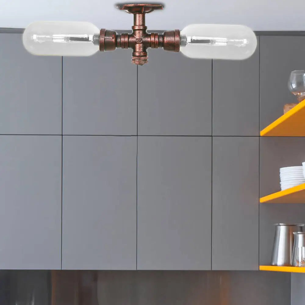 DecorBites™ Clear Glass Weathered Copper Ceiling Lighting - Industrial Semi Flush with Pipe Design - 2 Lights