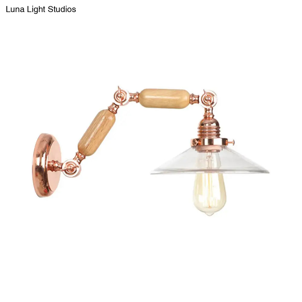 Clear Glass Wood Sconce Light: Industrial Wall Lamp with Extendable Arm - 1-Light Fixture