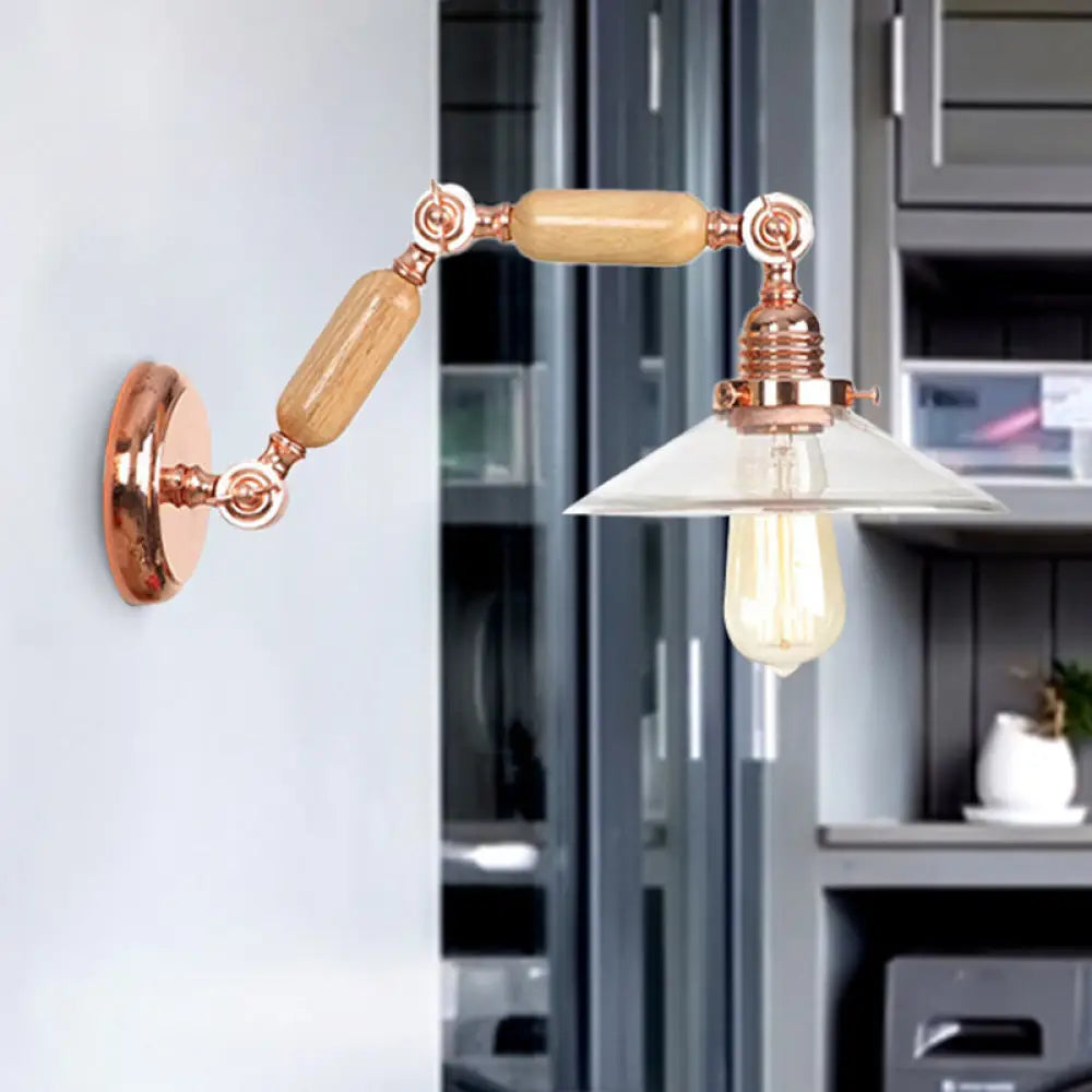 Clear Glass Wood Sconce Light: Industrial Wall Lamp with Extendable Arm - 1-Light Fixture