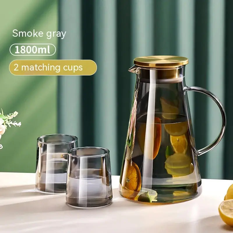 Smoke gray 1800ml glass juice kettle set with gold lid and handle by decorbites including two matching cups
