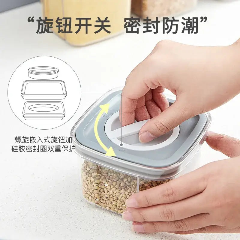 Clear hermetic food storage container by decorbites with gray lid and white rotary knob for airtight sealing