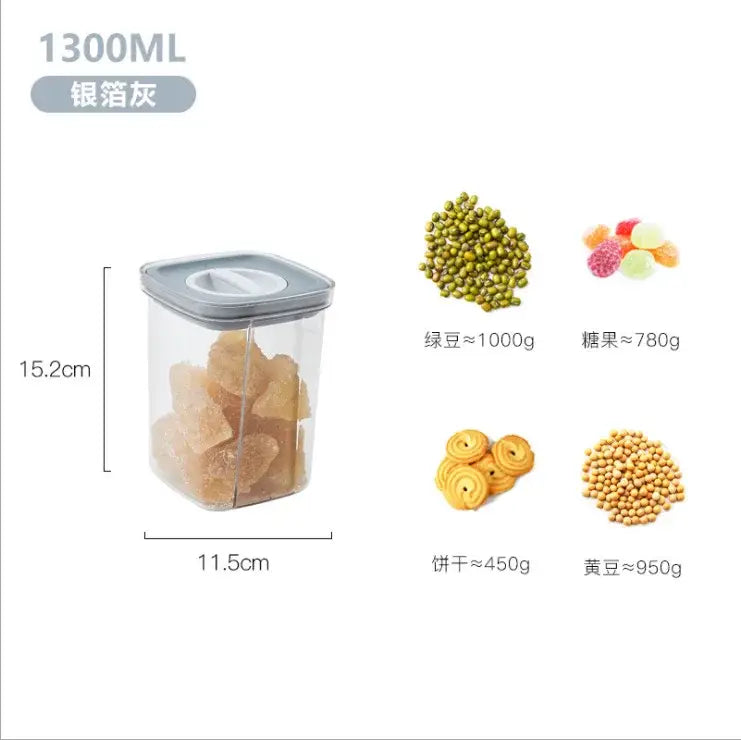 Clear 1300ml decorbites hermetic food storage container with silver-gray lid for kitchen preservation and storage