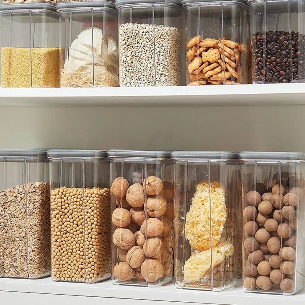 Clear hermetic food storage containers with gray lids by decorbites for preserving grains nuts and snacks