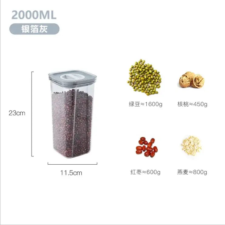 A 2000ml transparent rectangular decorbites hermetic food storage container with silver-gray lid filled with dark beans