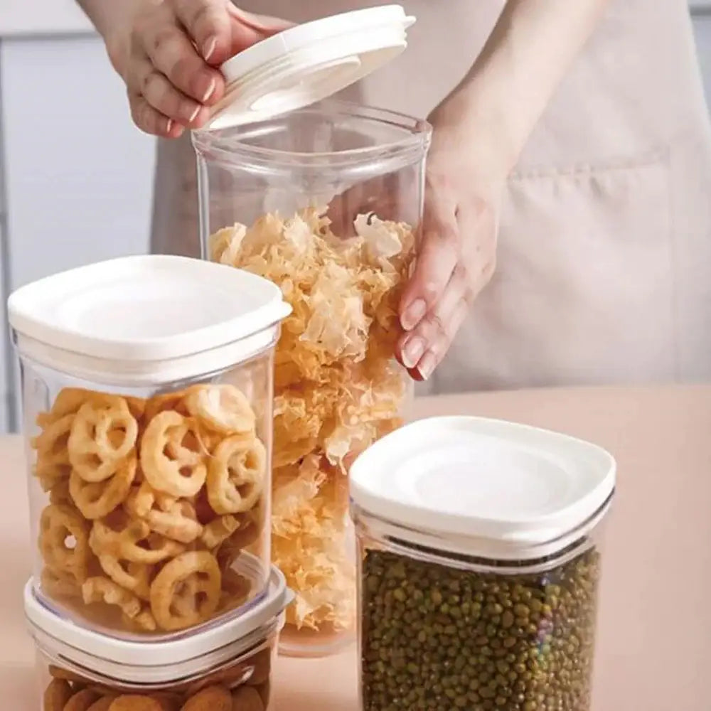 Clear hermetic kitchen organizer featuring clear plastic food storage containers with white lids for dry goods decorbites hermetic kitchen