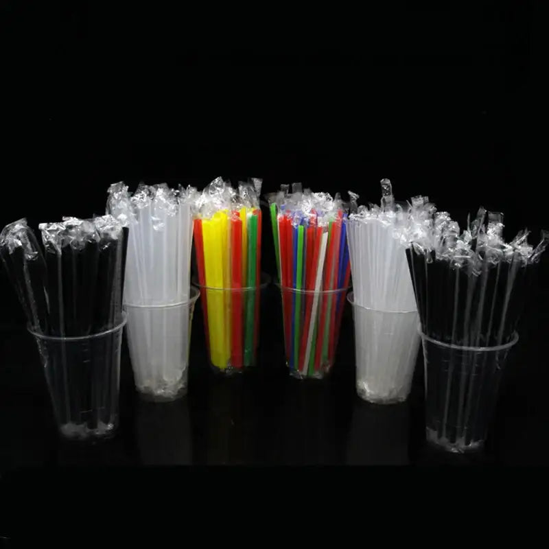 Colorful multi color clear individually wrapped drinking straws arranged in clear cups by decorbites clear individually packaging