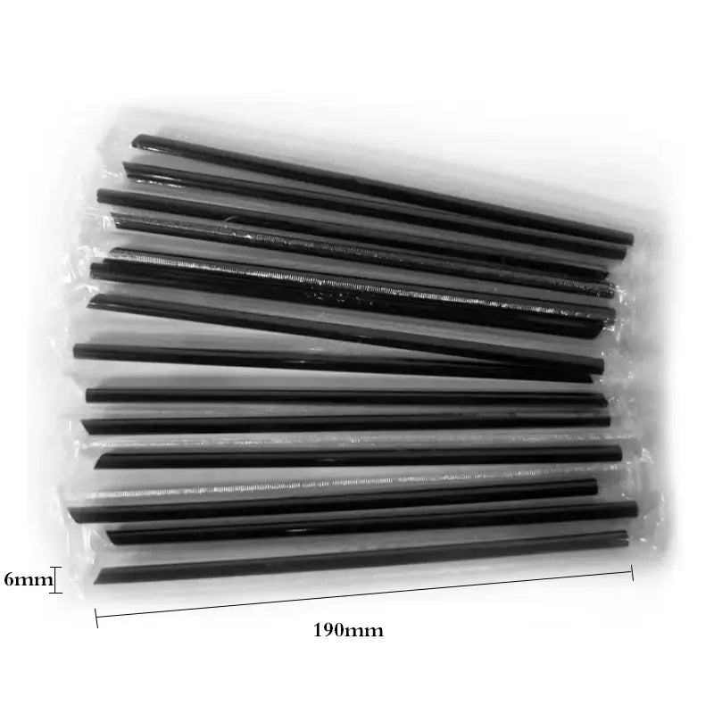Black plastic drinking straws 190mm long 6mm diameter with decorbites clear individually wrapped packaging 100pcs