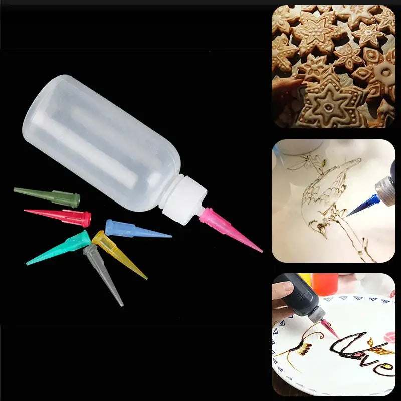 Clear plastic cake decor squeeze bottles with white caps and colorful fine nozzles for decorbites cake decor