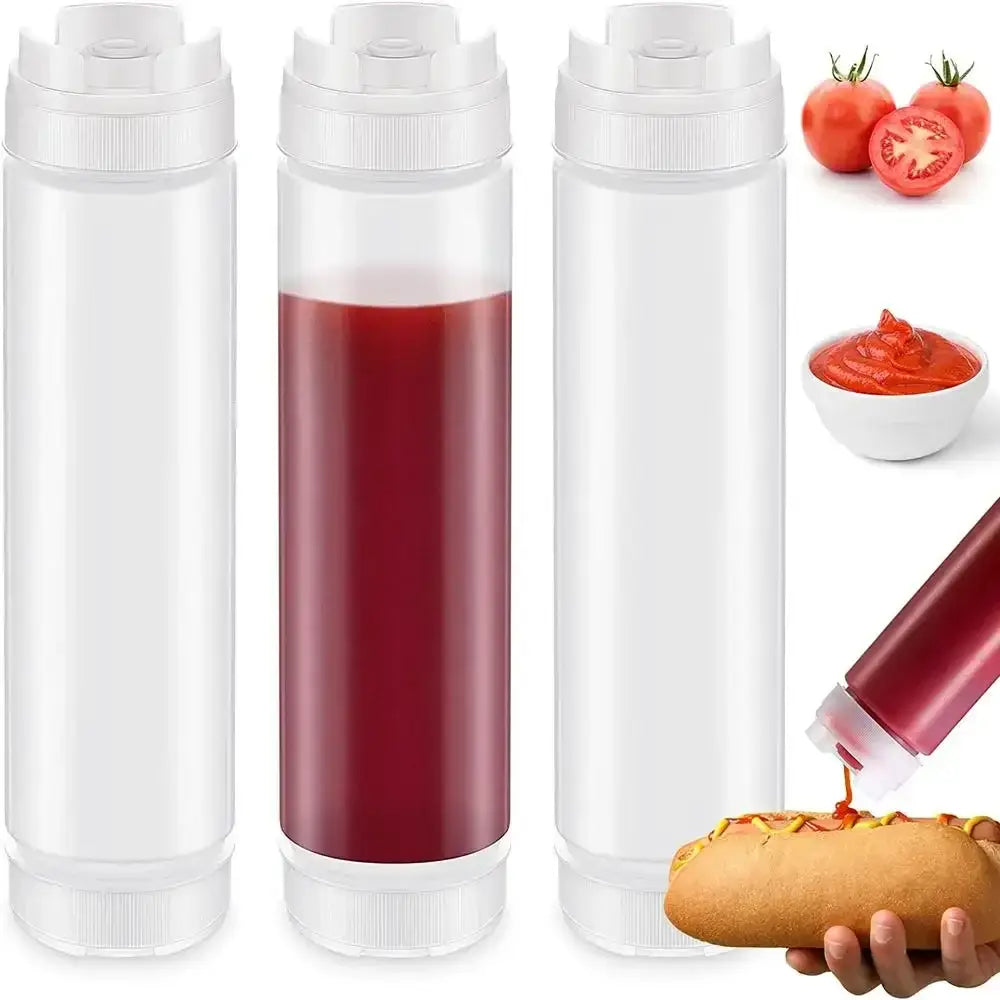 Clear plastic tomato squeeze bottle kitchen set with red, white, and yellow tomato squeeze bottles and white caps
