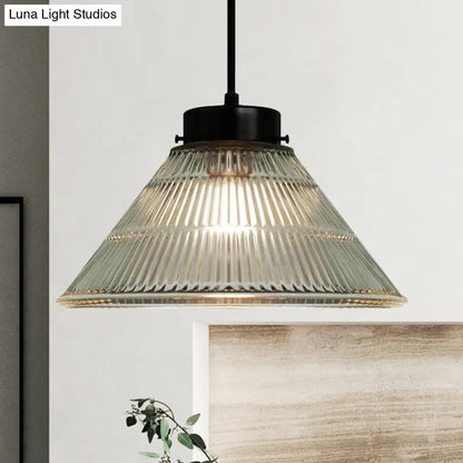 Clear Ribbed Glass Pendant Ceiling Light - Retro Style, Tapered Design - Ideal for Restaurants - 1 Head