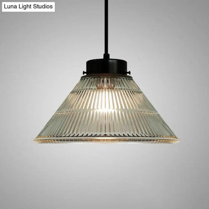 Clear Ribbed Glass Pendant Ceiling Light - Retro Style, Tapered Design - Ideal for Restaurants - 1 Head