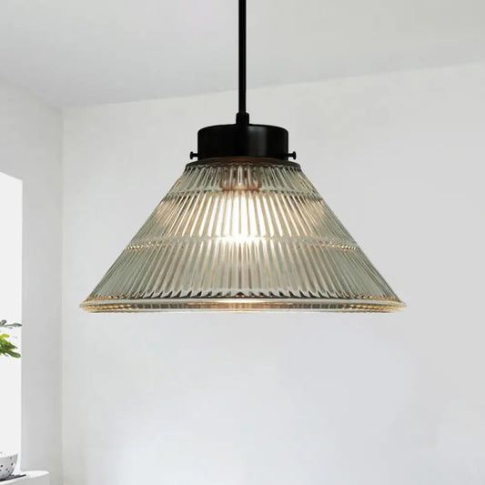 Clear Ribbed Glass Pendant Ceiling Light - Retro Style, Tapered Design - Ideal for Restaurants - 1 Head