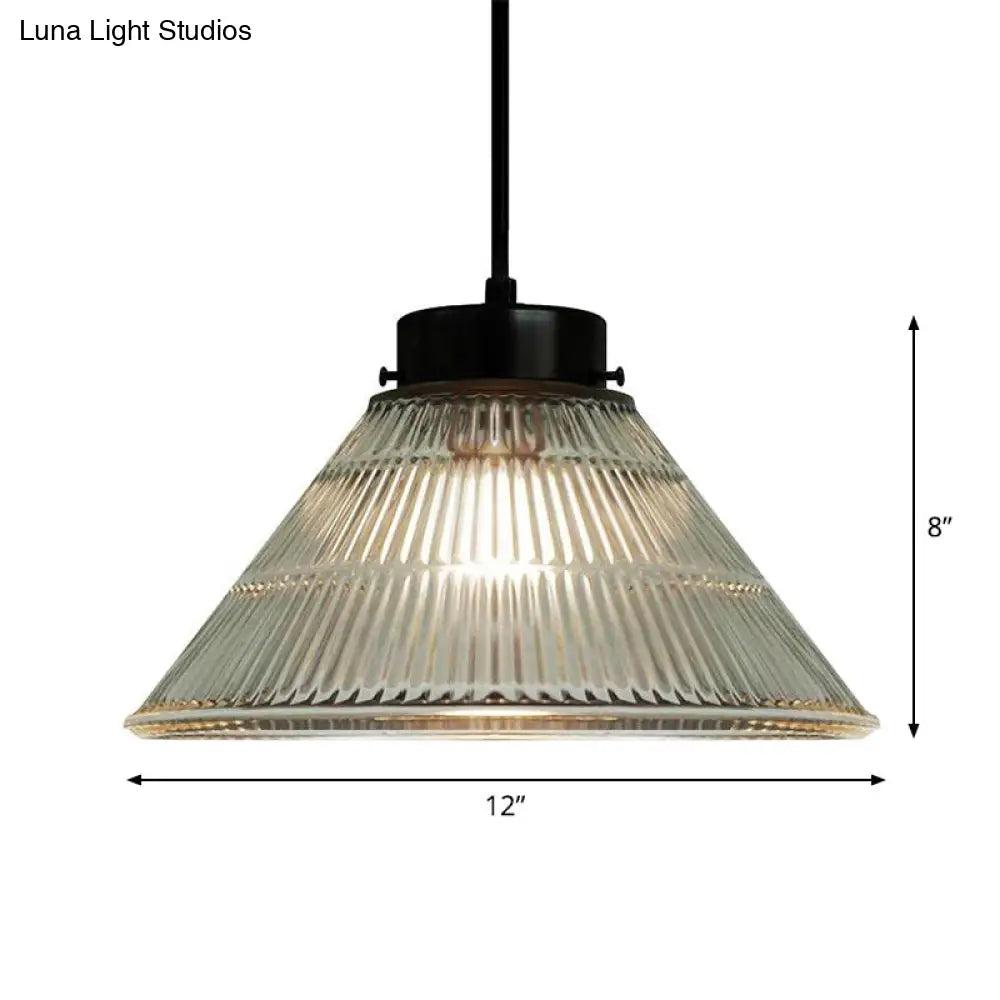 Clear Ribbed Glass Pendant Ceiling Light - Retro Style, Tapered Design - Ideal for Restaurants - 1 Head