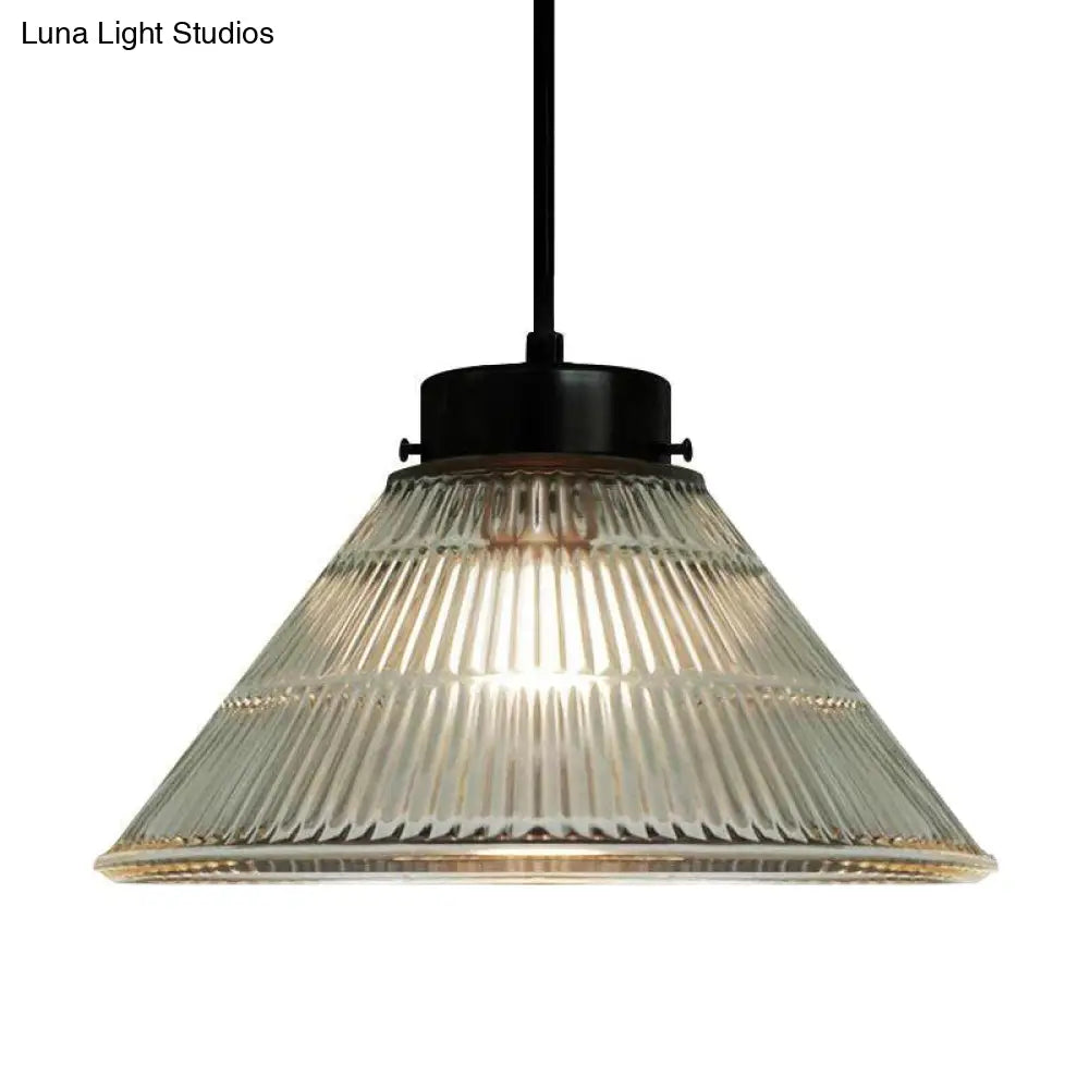 Clear Ribbed Glass Pendant Ceiling Light - Retro Style, Tapered Design - Ideal for Restaurants - 1 Head