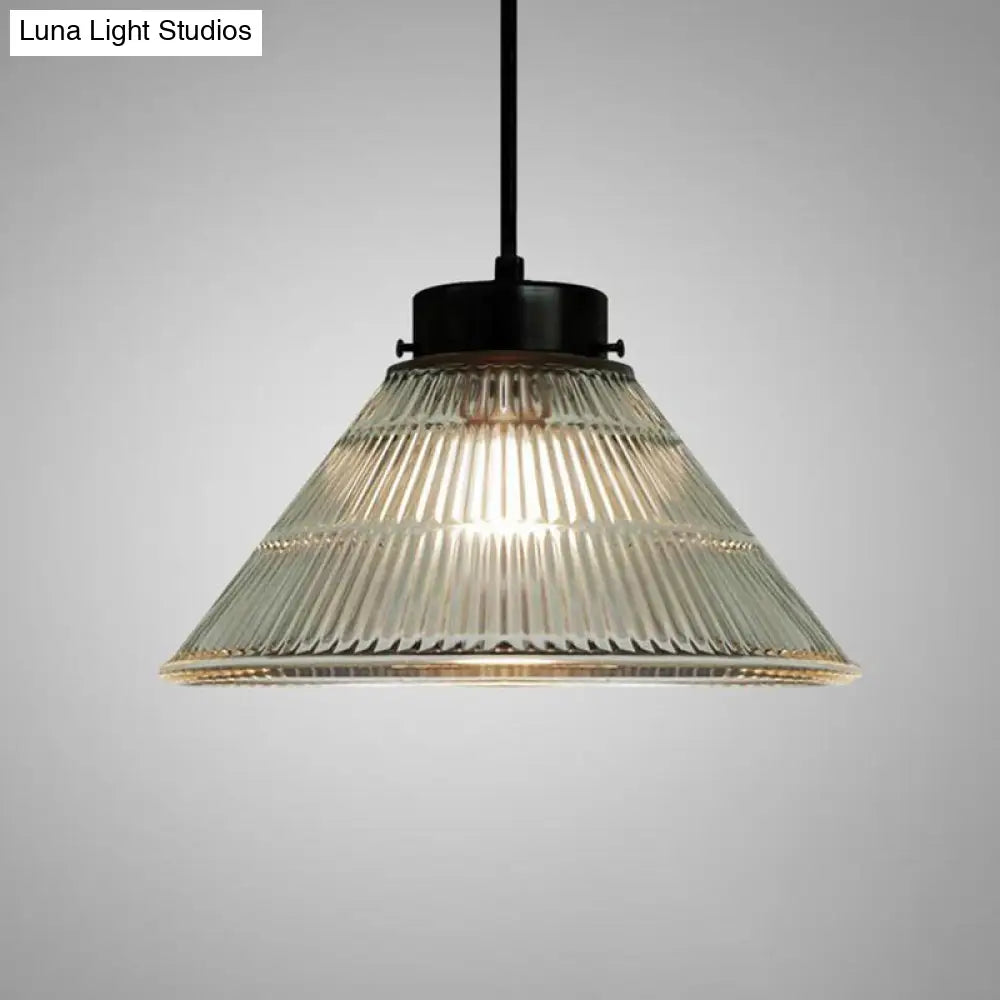 Clear Ribbed Glass Pendant Ceiling Light - Retro Style, Tapered Design - Ideal for Restaurants - 1 Head