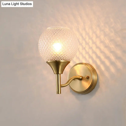 Clear Ribbed Glass Wall Mounted Spherical Corridor Lighting - Colonialist 1-Light Gold Sconce