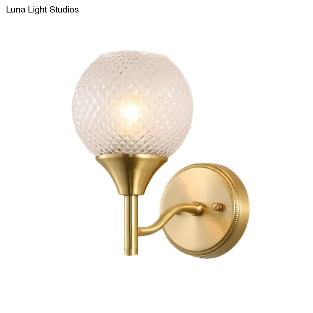 Clear Ribbed Glass Wall Mounted Spherical Corridor Lighting - Colonialist 1-Light Gold Sconce