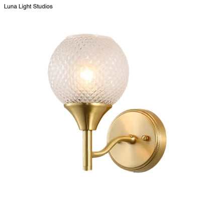 Clear Ribbed Glass Wall Mounted Spherical Corridor Lighting - Colonialist 1-Light Gold Sconce