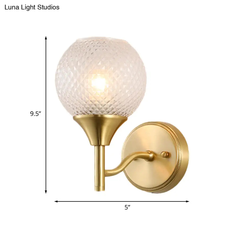 Clear Ribbed Glass Wall Mounted Spherical Corridor Lighting - Colonialist 1-Light Gold Sconce