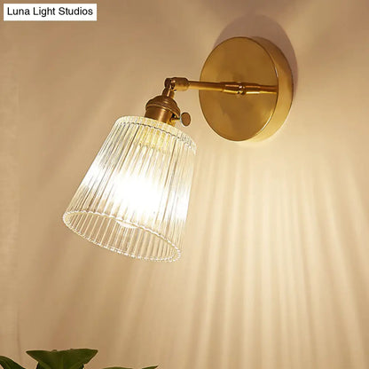 Clear Ribbed Glass Wall Sconce Light - Industrial Brass Cone Fixture for Living Room Lighting - 1 Light