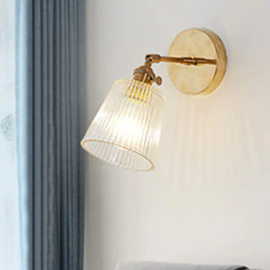 Clear Ribbed Glass Wall Sconce Light - Industrial Brass Cone Fixture for Living Room Lighting - 1 Light