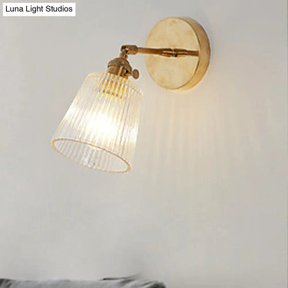 Clear Ribbed Glass Wall Sconce Light - Industrial Brass Cone Fixture for Living Room Lighting - 1 Light