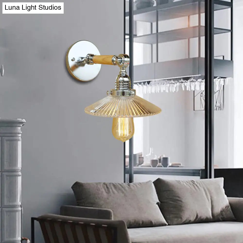 Clear Ribbed Glass Wall Sconce Light with Industrial Chrome Cone, Wooden Arm - 1 Light, 8"/4"/6" Wide - Living Room Lighting Fixture