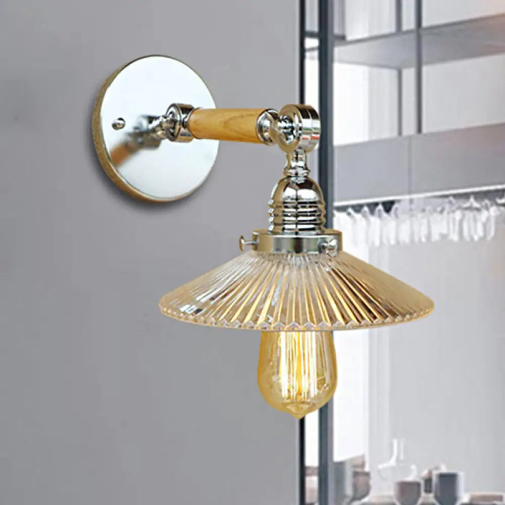 Clear Ribbed Glass Wall Sconce Light with Industrial Chrome Cone, Wooden Arm - 1 Light, 8"/4"/6" Wide - Living Room Lighting Fixture