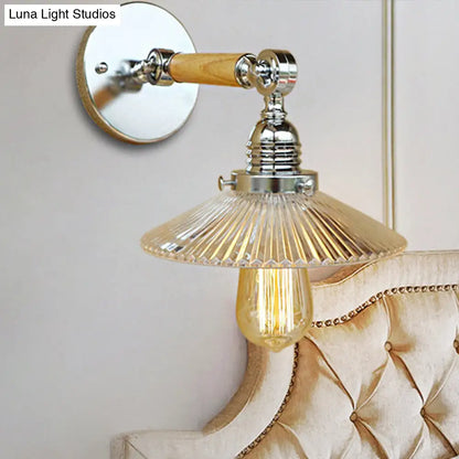 Clear Ribbed Glass Wall Sconce Light with Industrial Chrome Cone, Wooden Arm - 1 Light, 8"/4"/6" Wide - Living Room Lighting Fixture